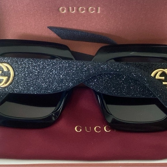 Gucci Black Sparkle Sunglasses with Gold Accents GG0102s - Picture 1 of 10